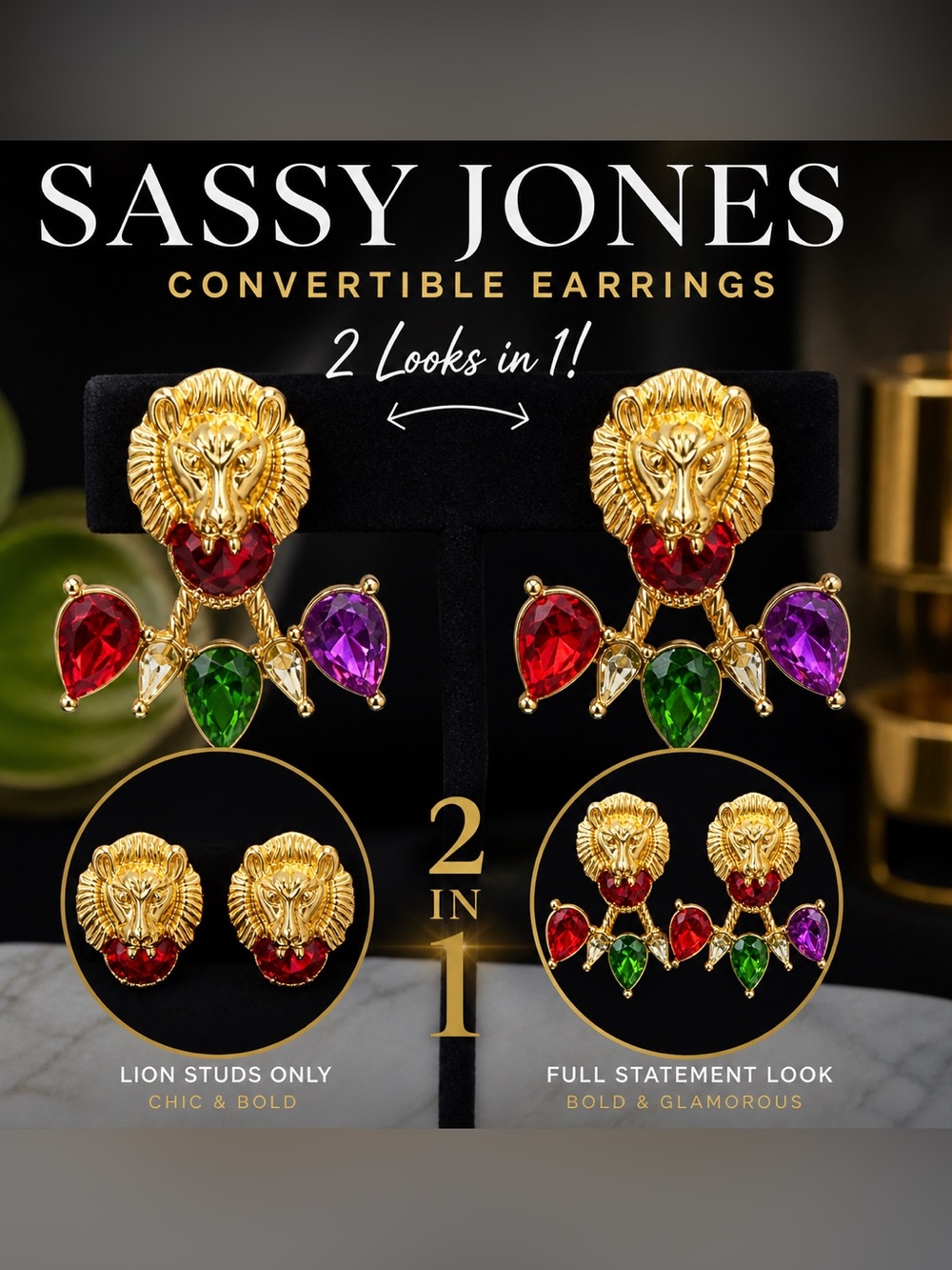 Sassy Jones Gold Lion Convertible Earrings with Red, Green & Purple Stones